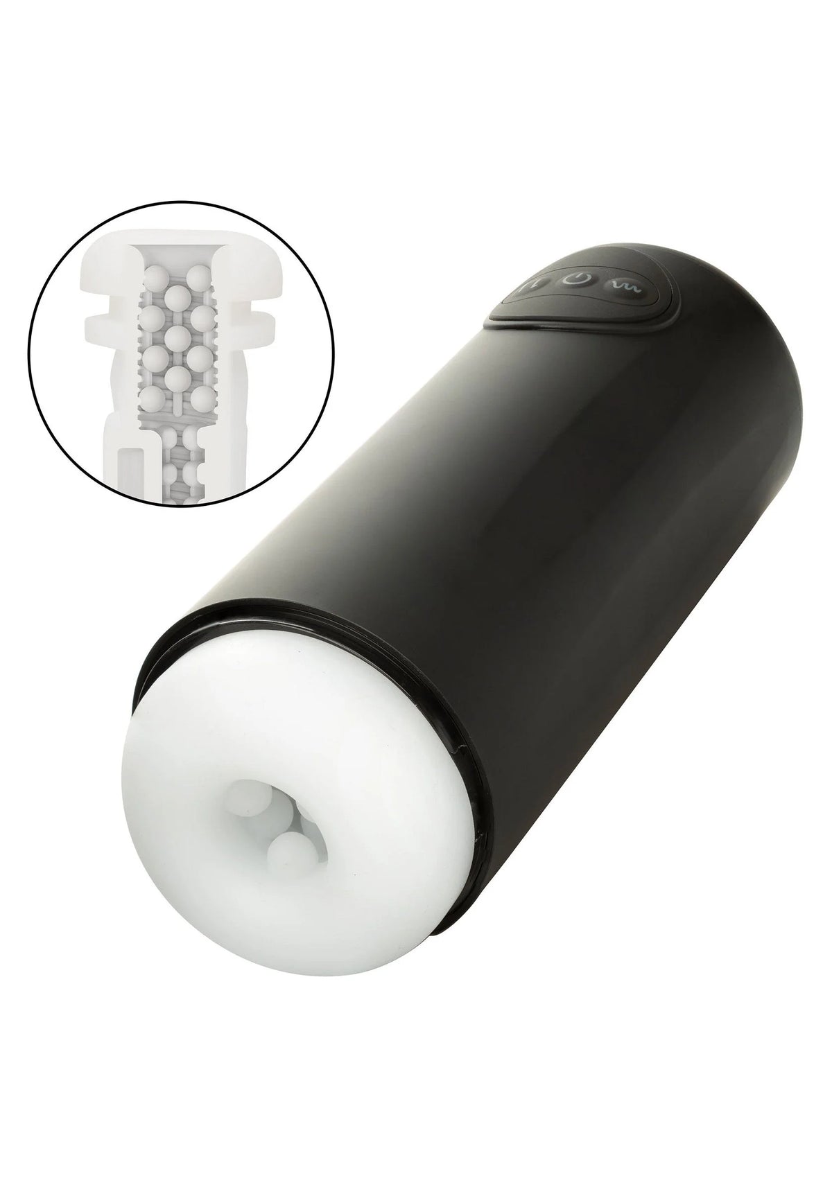 Zwarte vibrator met witte kop; detail met bolletjes in het inzetstuk.