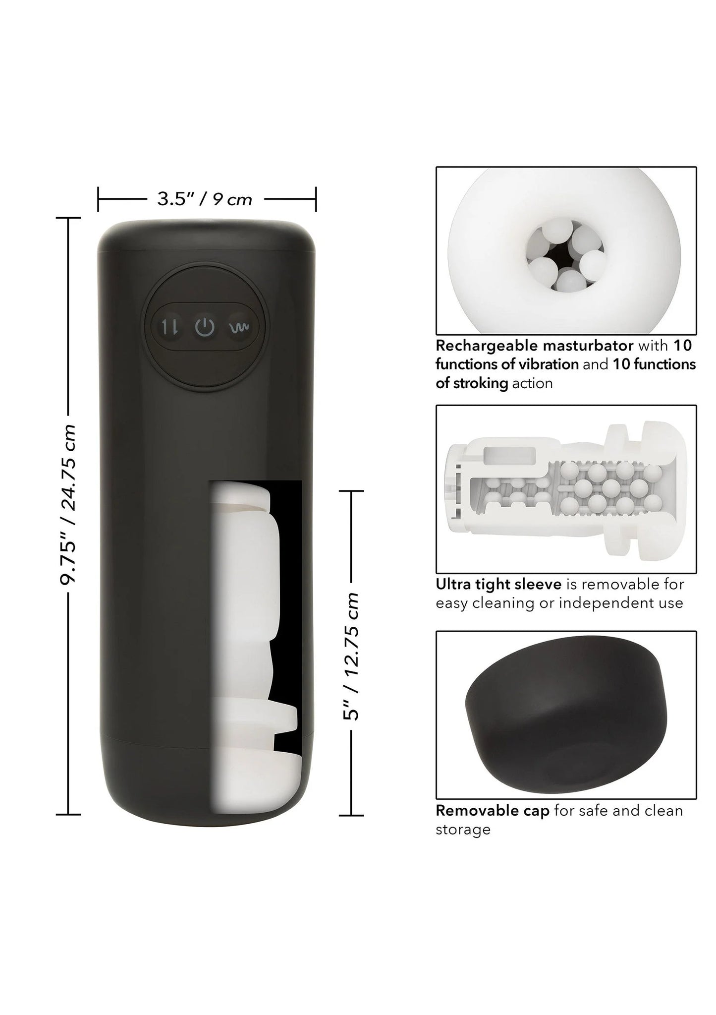 Zwarte handheld vibrator met witte onderkant en ronde bedieningsknoppen bovenop.