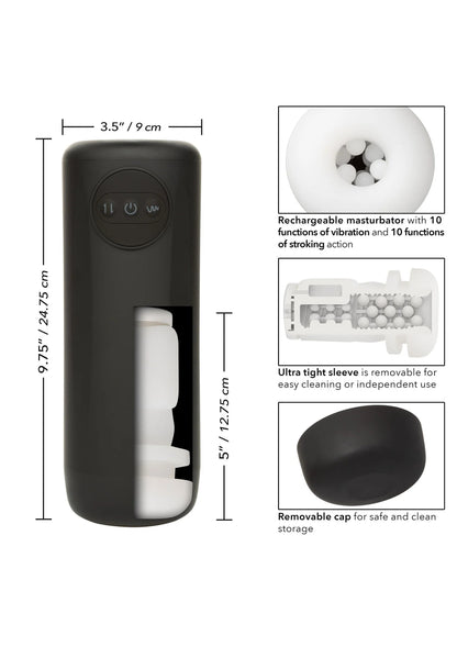 Zwarte handheld vibrator met witte onderkant en ronde bedieningsknoppen bovenop.