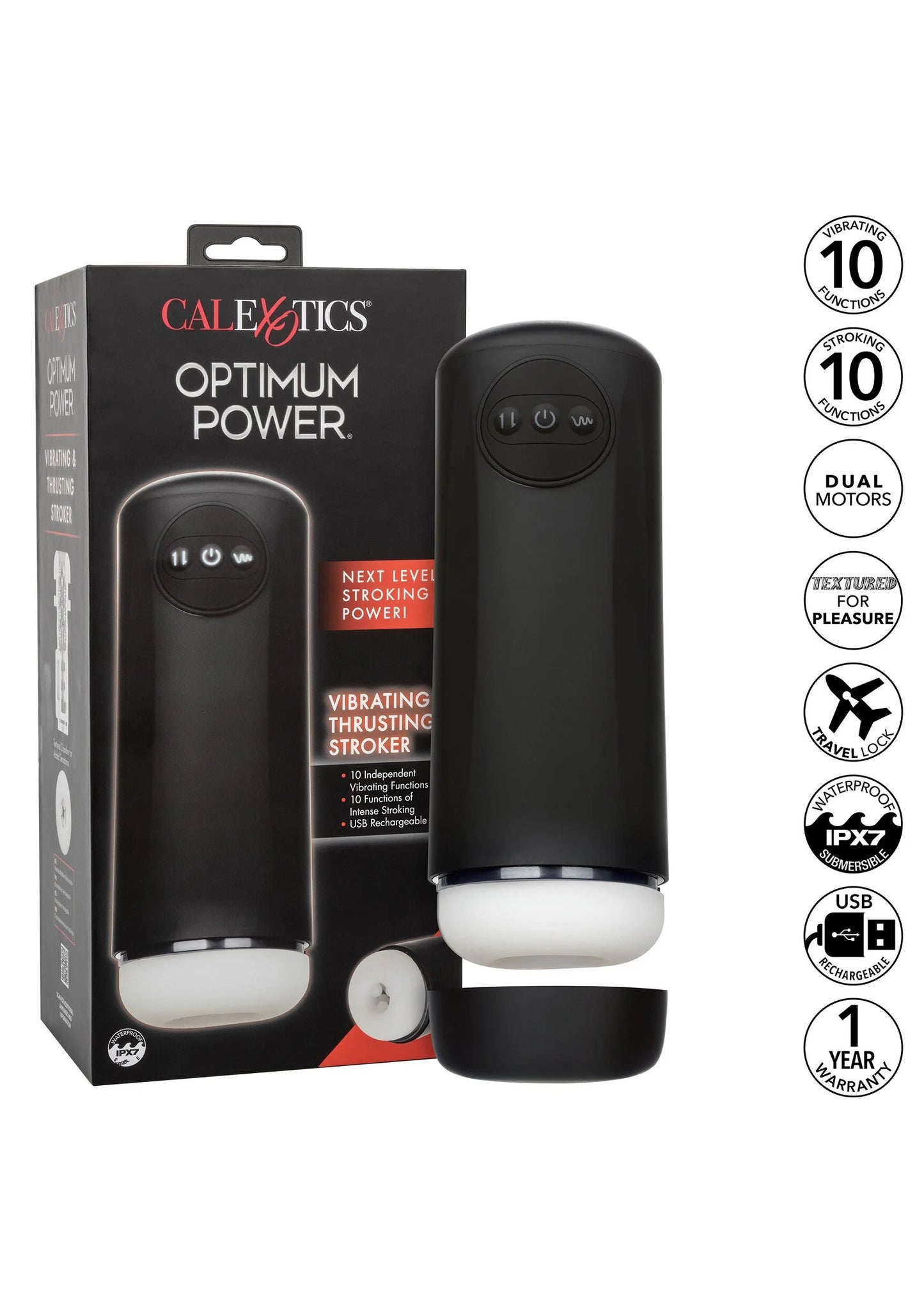 Zwarte vibrator met witte kop en bedieningsknoppen; naast productverpakking.