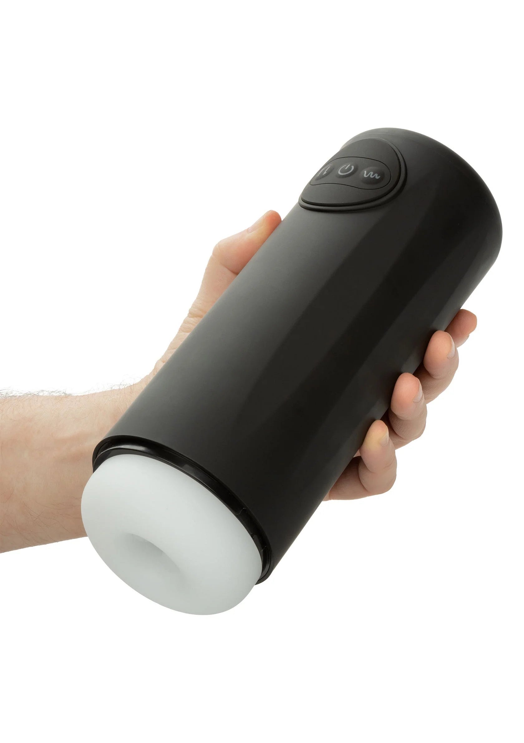 Zwarte vibrator vastgehouden in hand, met witte onderkant en knopjes bovenop.