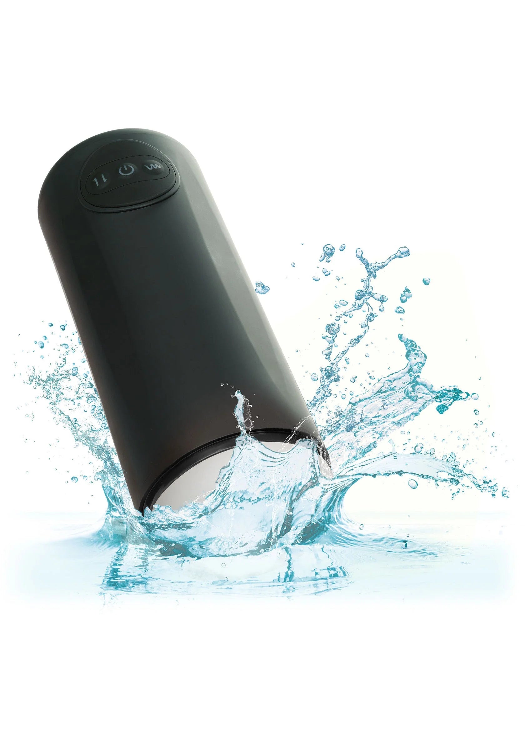 Zwarte vibrator op sokkel met waterdruppels; ronde witte onderkant zichtbaar.