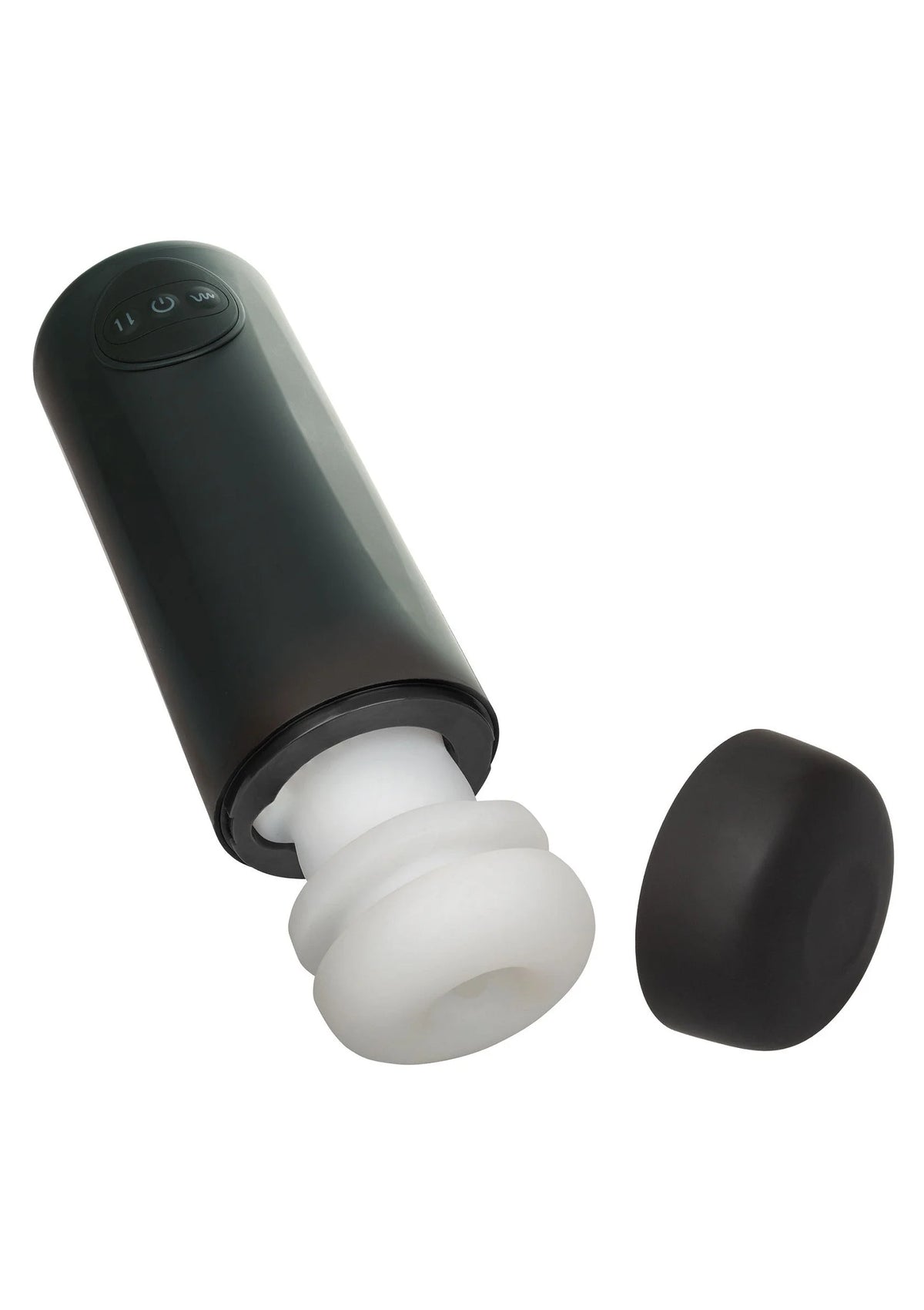 Zwarte vibrator met afneembare dop, witte binnenkop en losse zwarte kap.