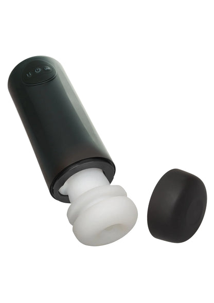 Zwarte vibrator met afneembare dop, witte binnenkop en losse zwarte kap.