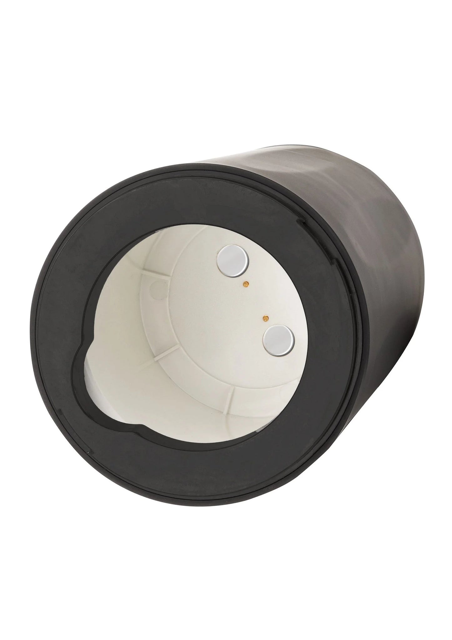 Zwarte vibrator-stroker met ronde open structuur en witte binnenring