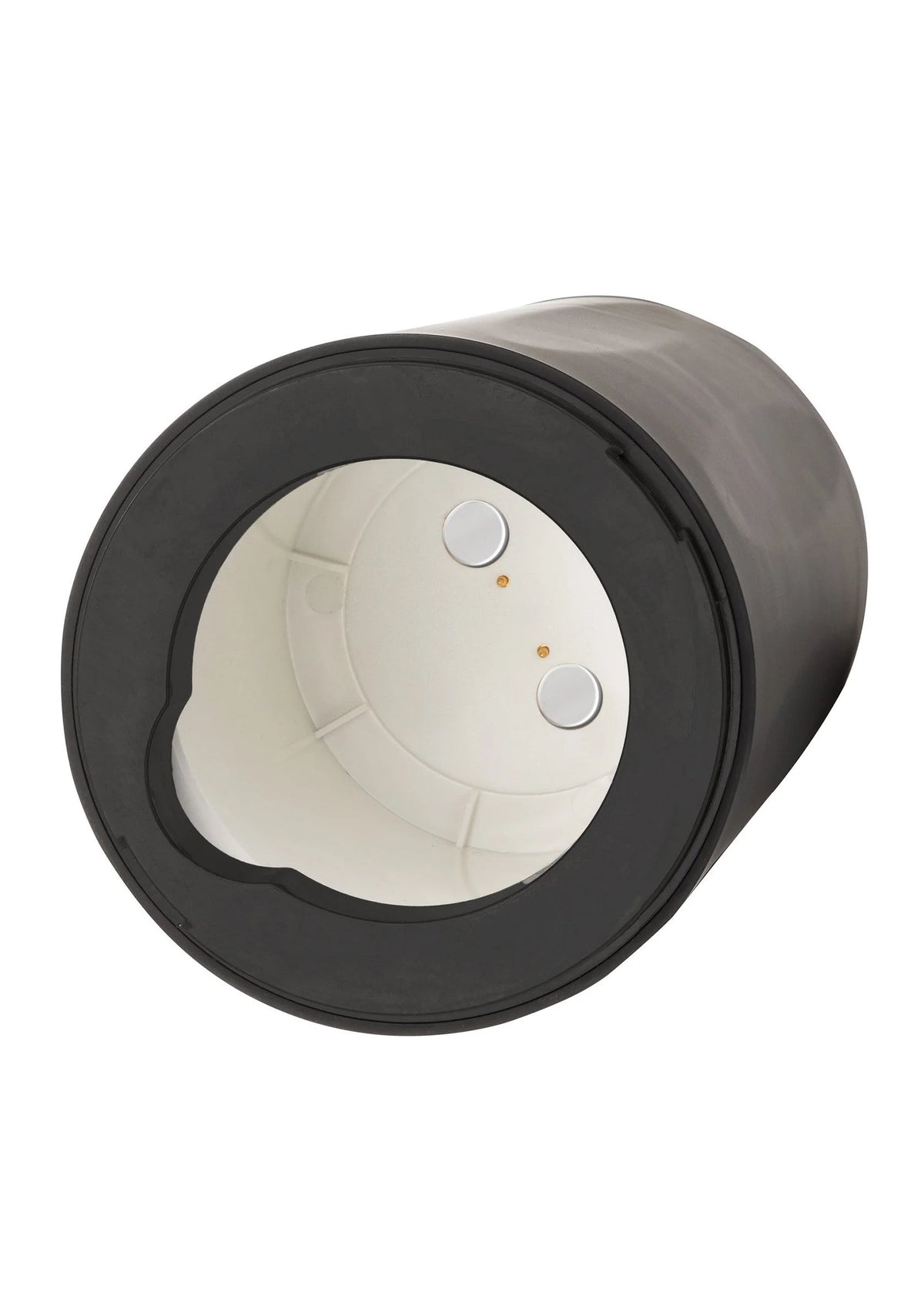 Zwarte vibrator-stroker met ronde open structuur en witte binnenring