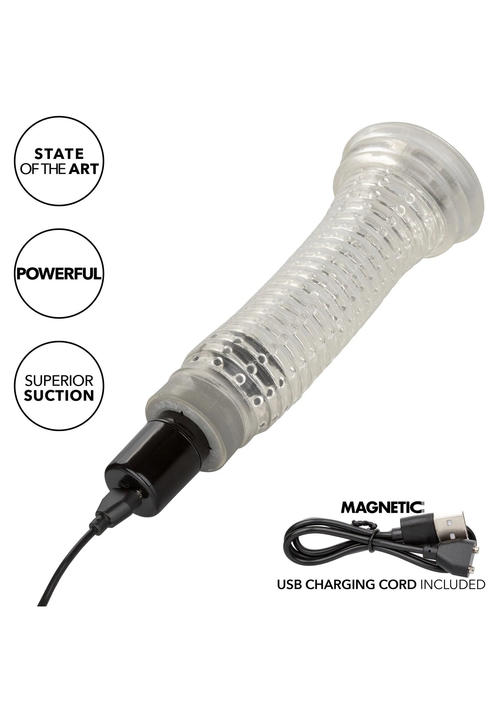 Transparante vibro air pump met zwarte aansluitkop en USB-oplaadkabel