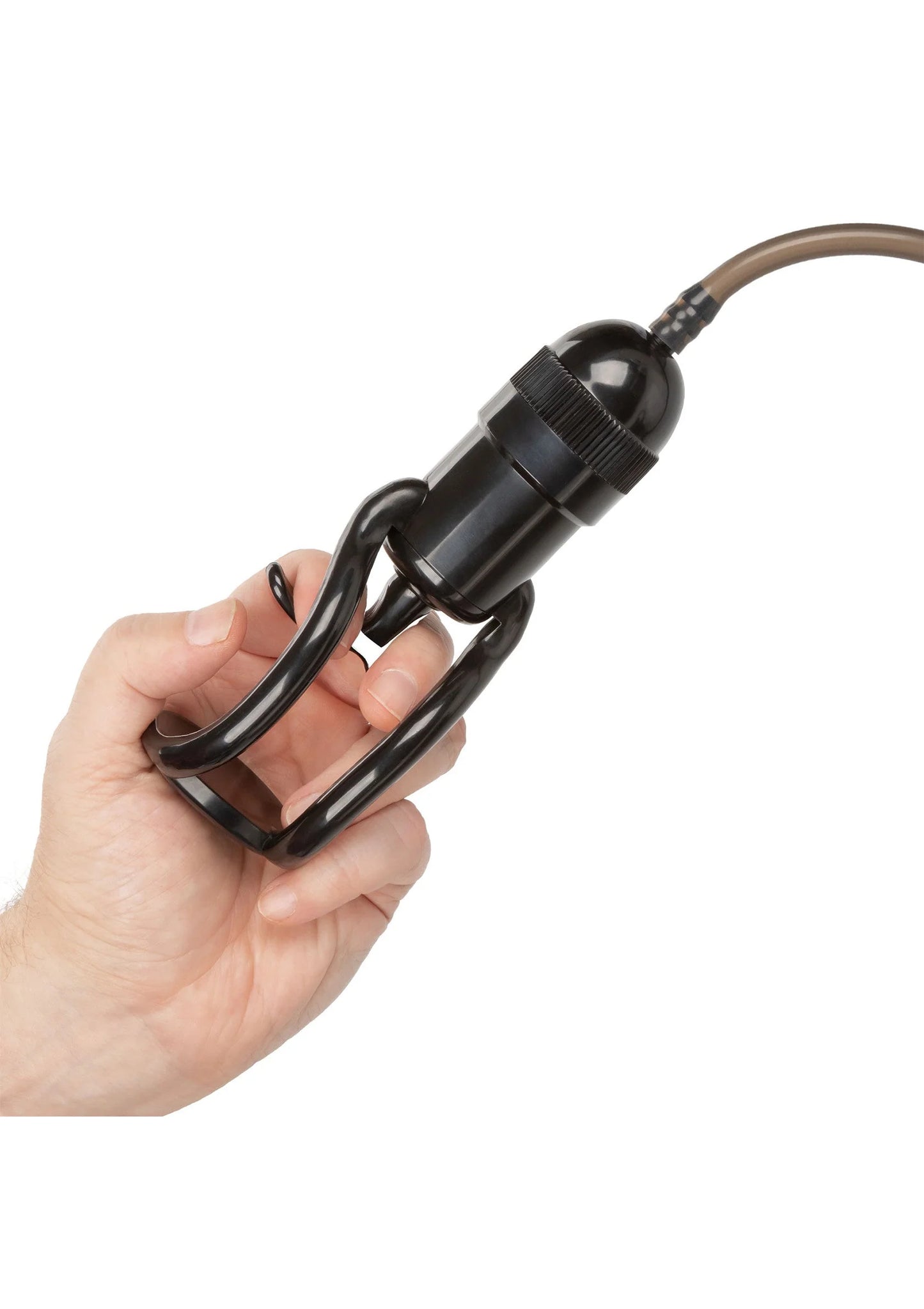 Vibro air pump met zwarte greep in de hand en bruine slang