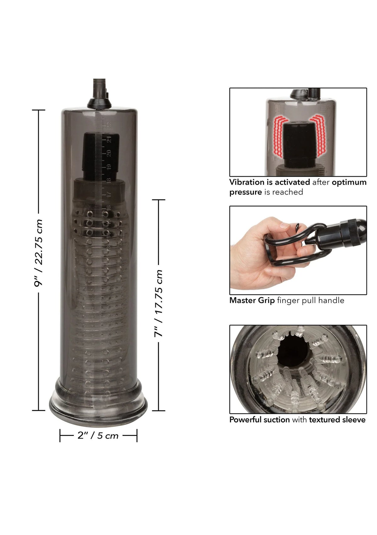 Vibro air pump verpakking en afmetingenkaartje met cilinder en slang