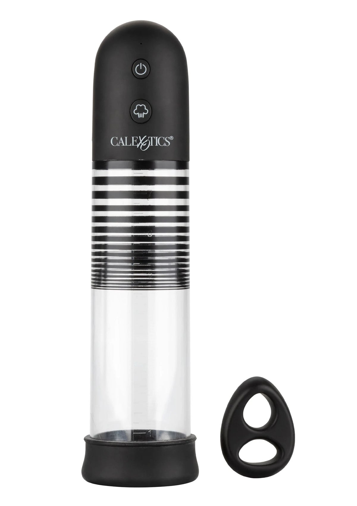 CalExotics oplaadbare pomp met transparante cilinder en zwarte knoppen plus siliconen ring