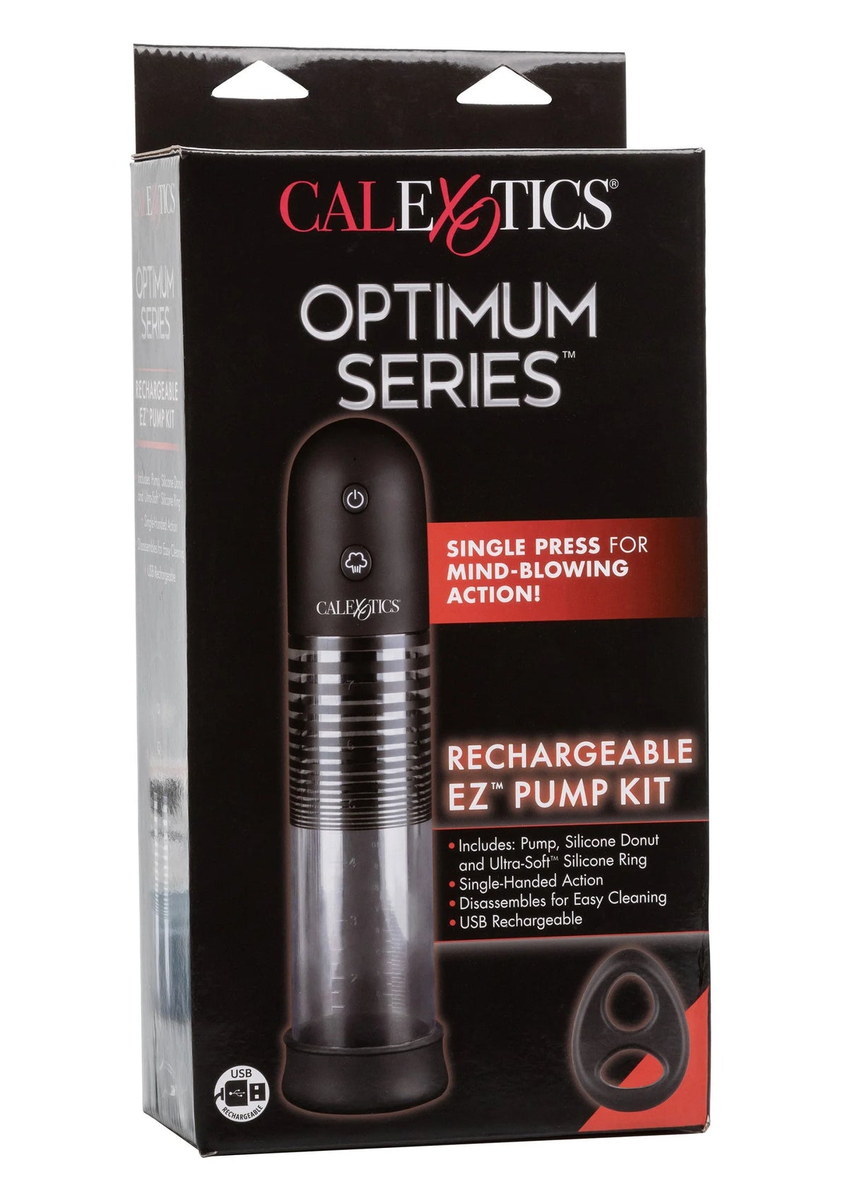CalExotics Optimum Series oplaadbare EZ-pompkit in verpakking met transparante cilinder