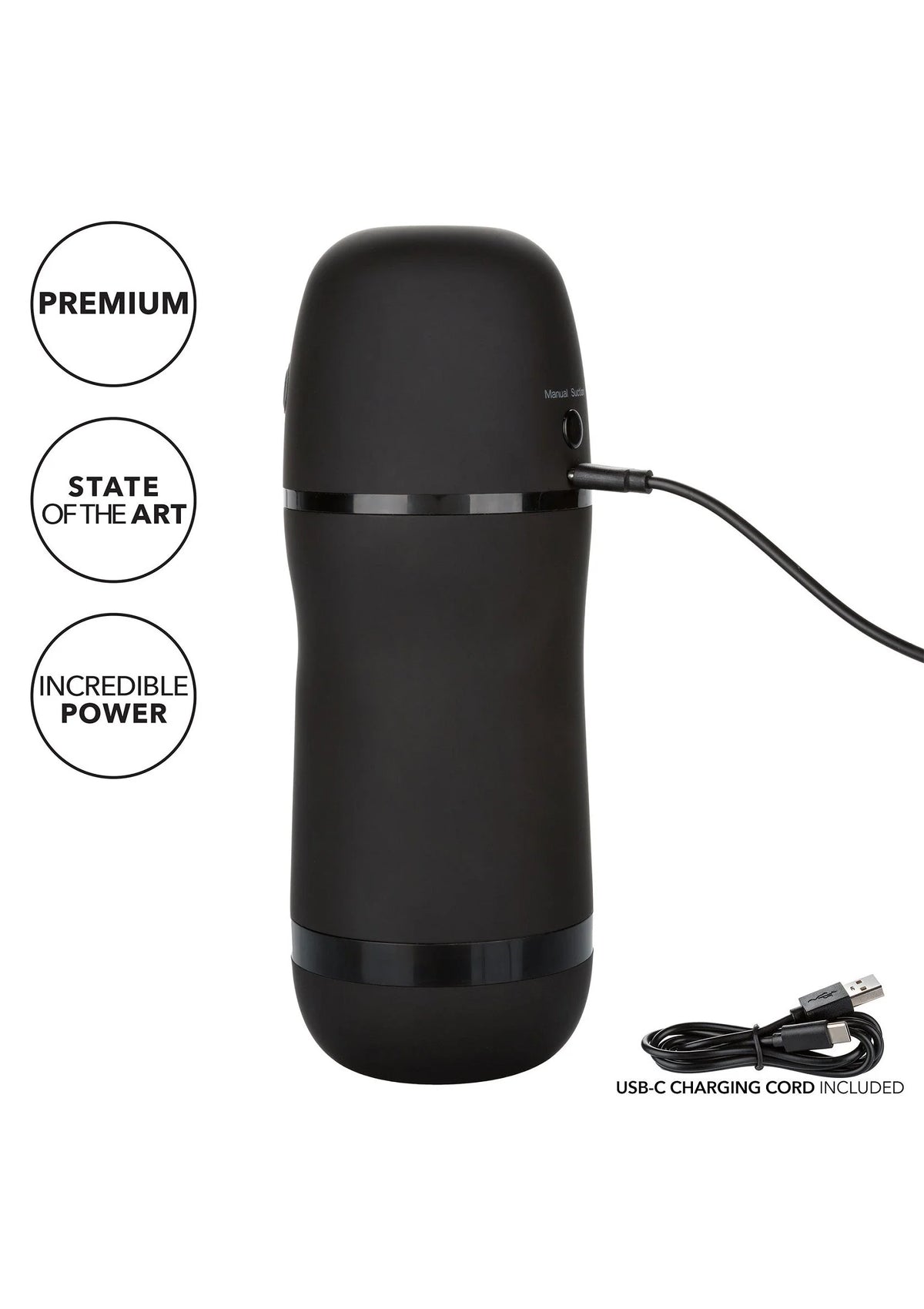 Zwarte masturbator met laadkabel aangesloten, USB-C voor opladen