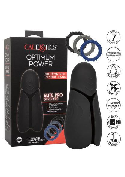 Zwarte handheld power-stroker met 3 siliconen ringen en losse opzetstukken