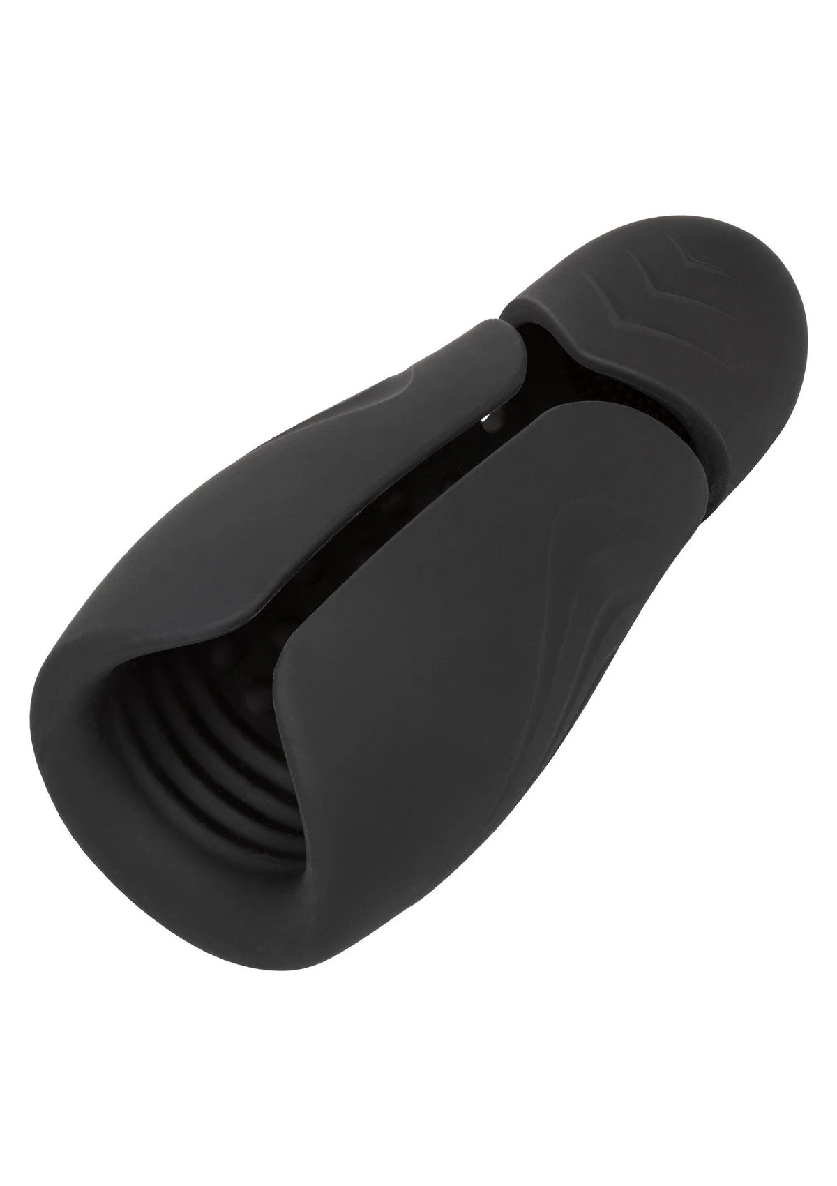 Zwarte handheld power-stroker met open mouw en geribde structuur aan zijkant