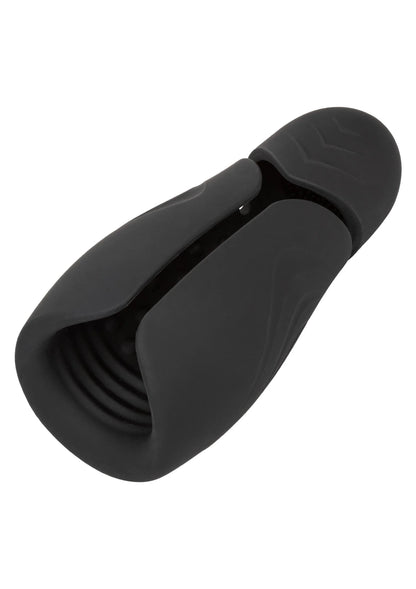 Zwarte handheld power-stroker met open mouw en geribde structuur aan zijkant