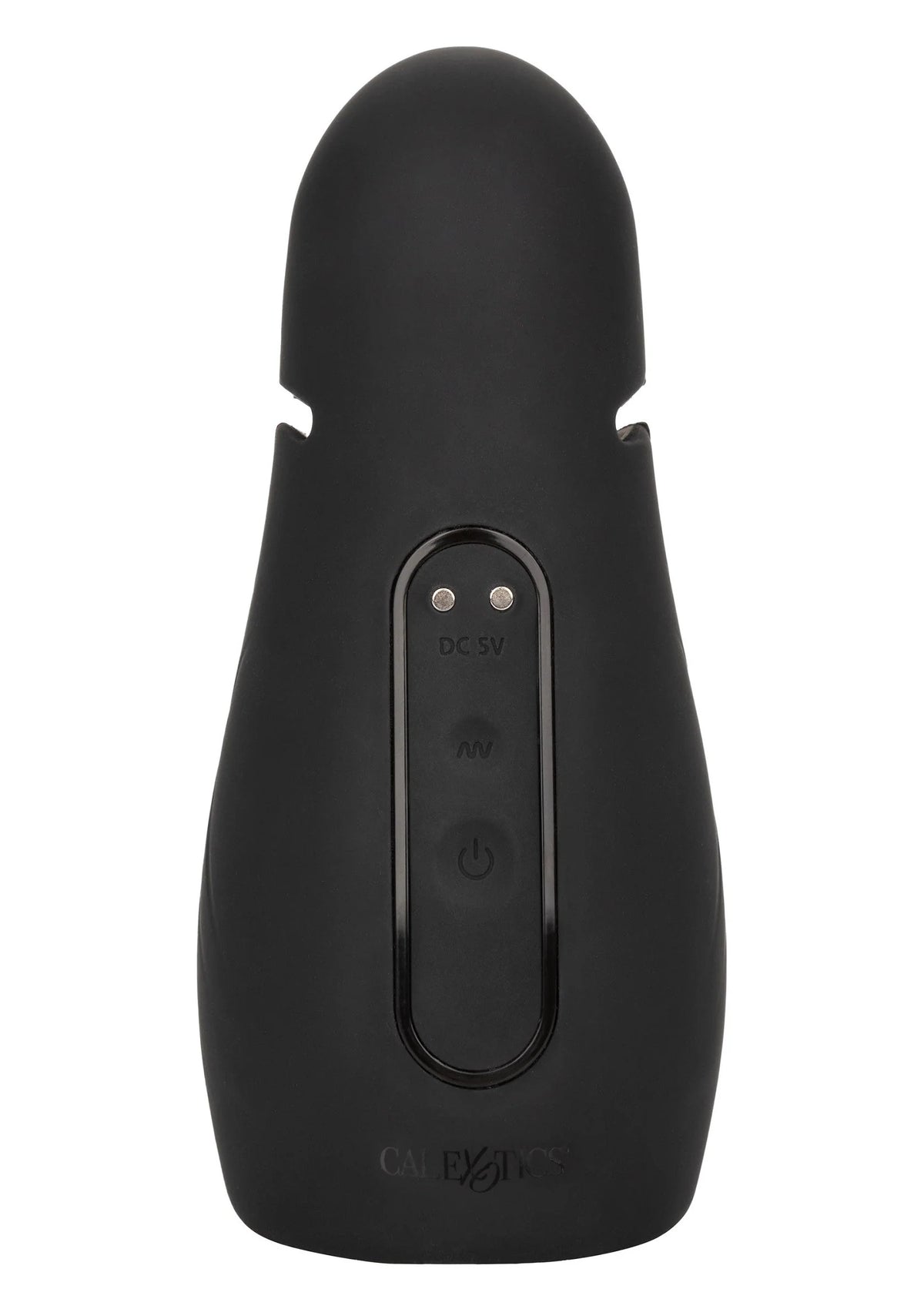 Handheld power-stroker in zwart met centraal bedieningspaneel en knop