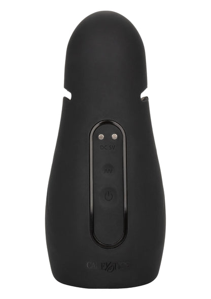 Handheld power-stroker in zwart met centraal bedieningspaneel en knop