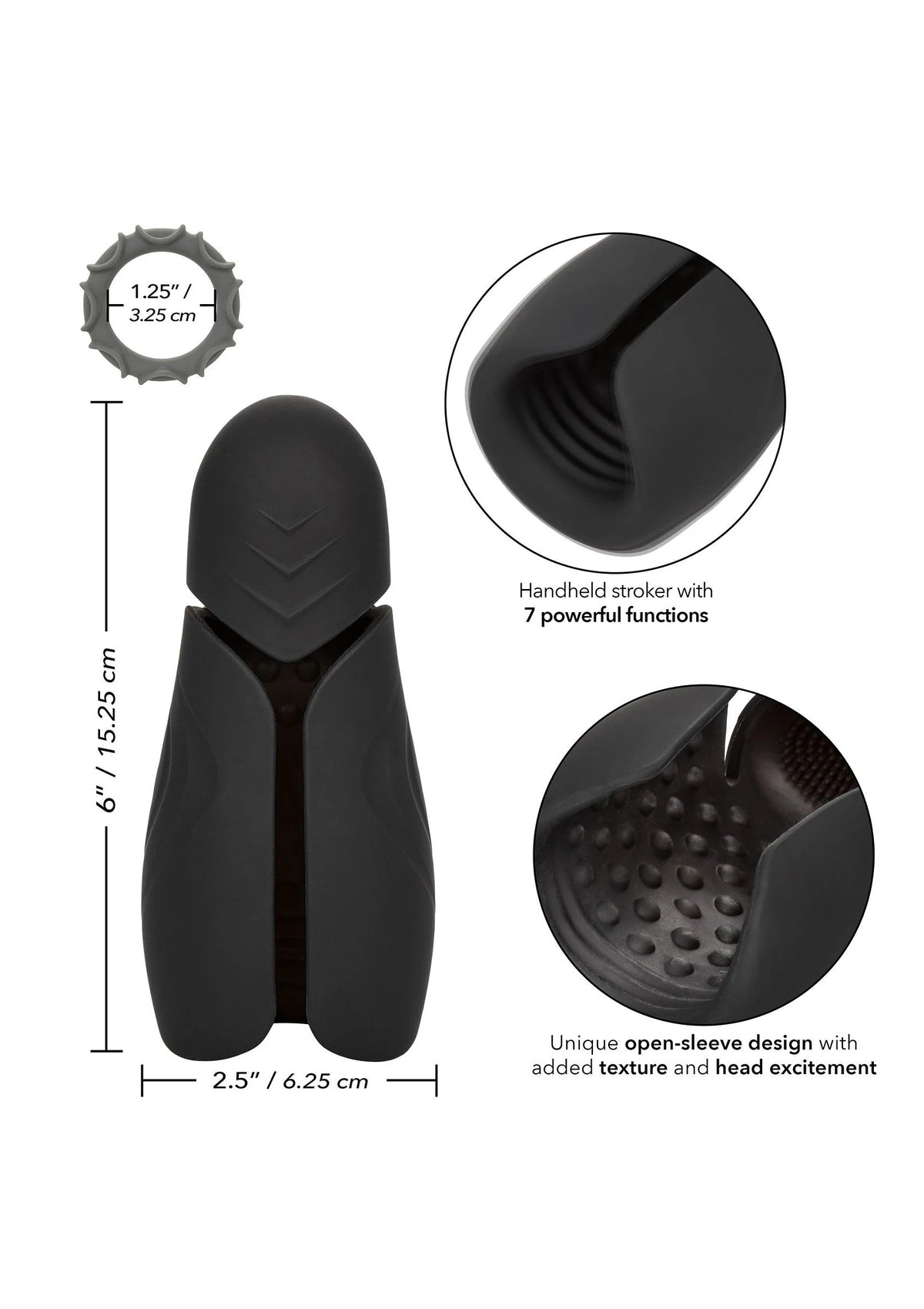 Zwarte handheld stroker met opengaande mouw en reliëf op het uiteinde