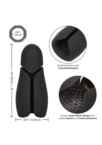 Zwarte handheld stroker met opengaande mouw en reliëf op het uiteinde