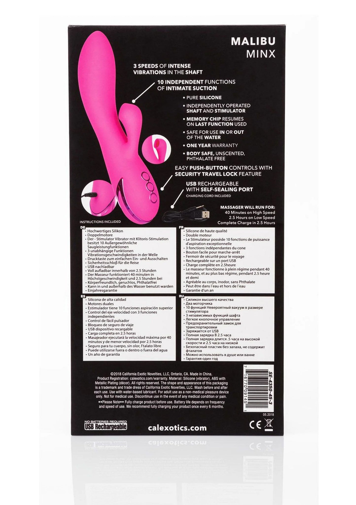 Achterzijde verpakking Malibu Minx vibrator met functies, specificaties en laadinfo