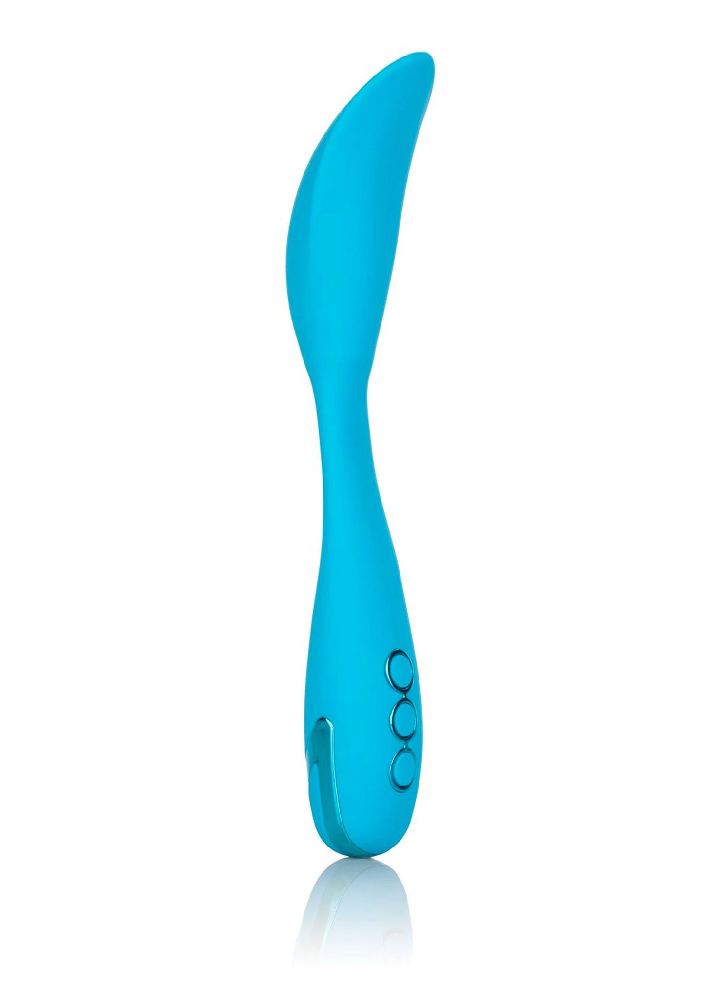 Blauwe siliconen vibrator, slanke gebogen vorm met knopjes op de zijkant.