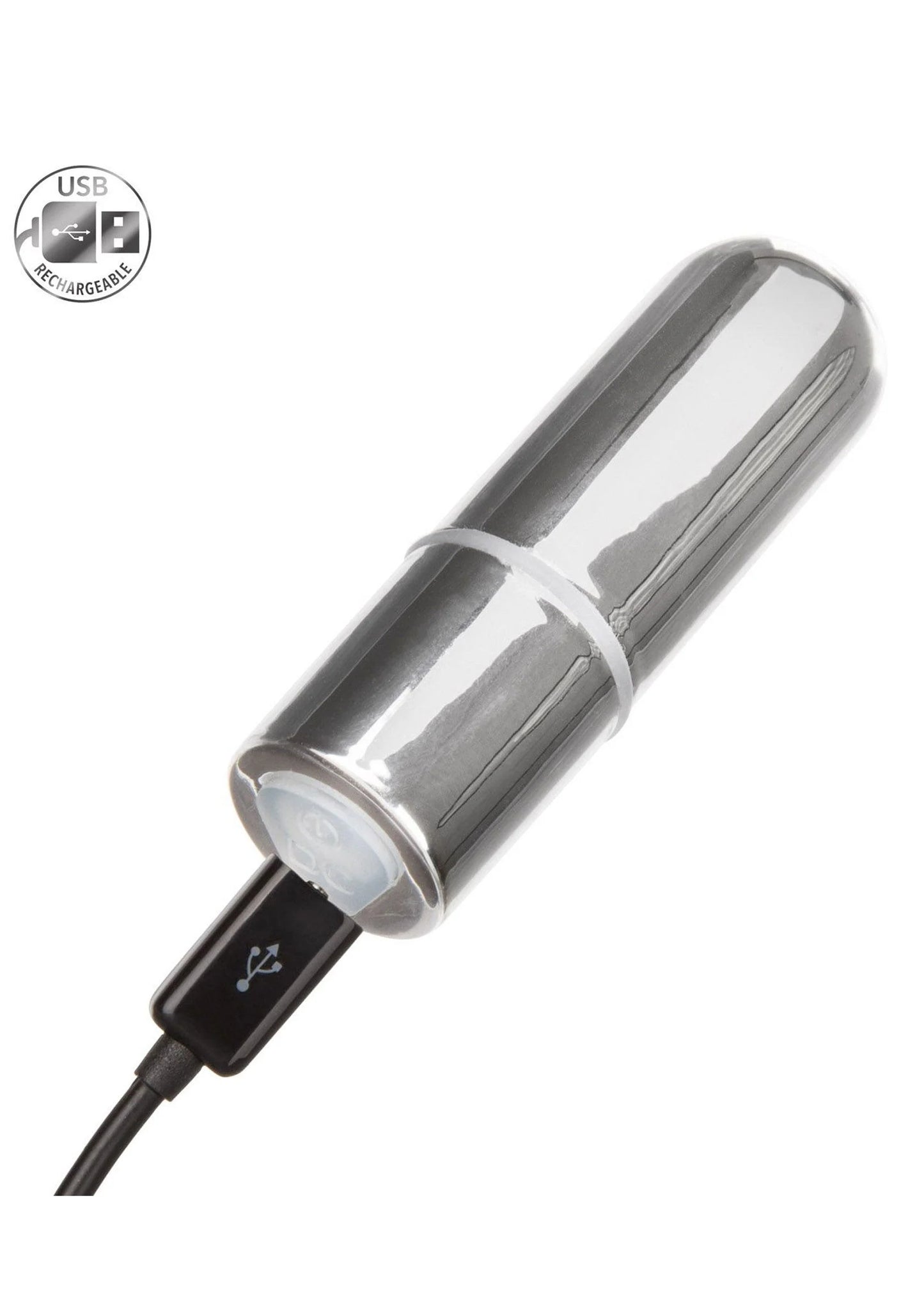 Zilverkleurige mini bullet vibrator met zwarte kabel en oplaadbare USB-stekker