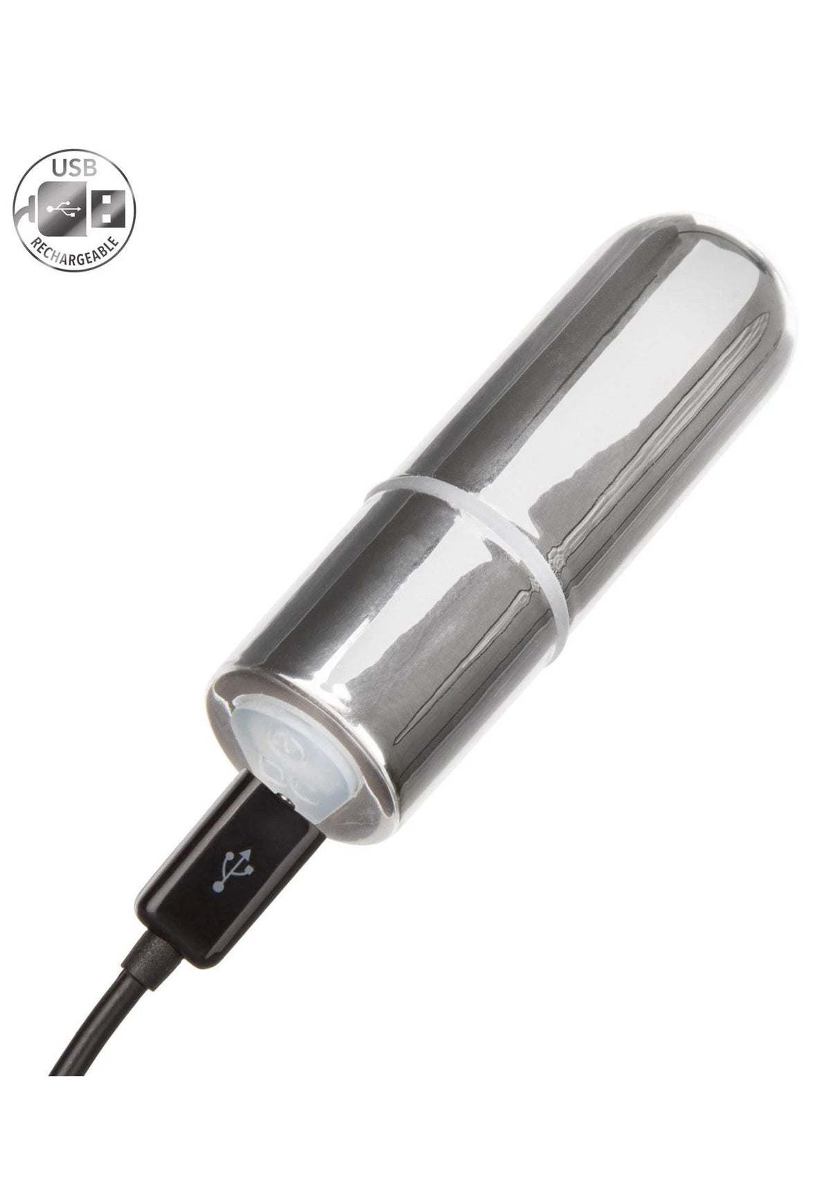 Zilverkleurige mini bullet vibrator met zwarte kabel en oplaadbare USB-stekker