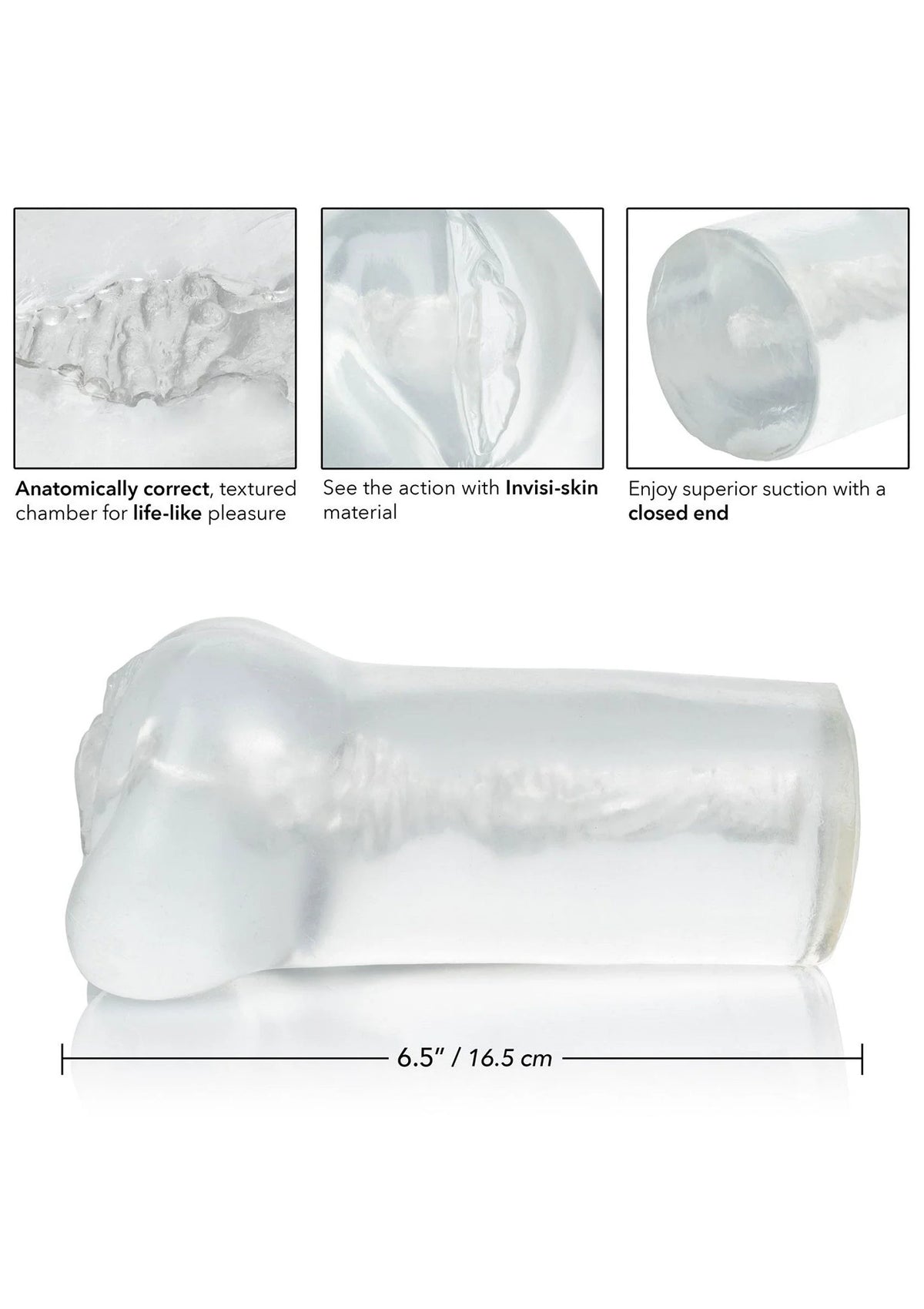 Transparante masturbator met glad, cilindrisch lichaam en lengte 16,5 cm