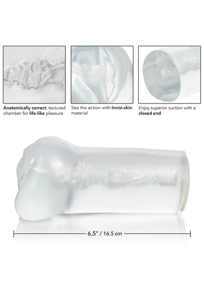 Transparante masturbator met glad, cilindrisch lichaam en lengte 16,5 cm