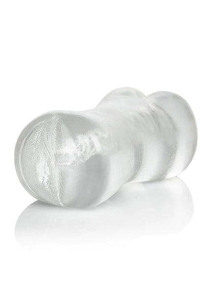Zilverkleurige masturbator met opgerolde vorm en getextureerde opening, zijaanzicht