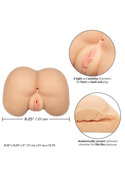 Afbeeldingsdiagram van levensechte billenprothese bruinbeige met afmetingen en details