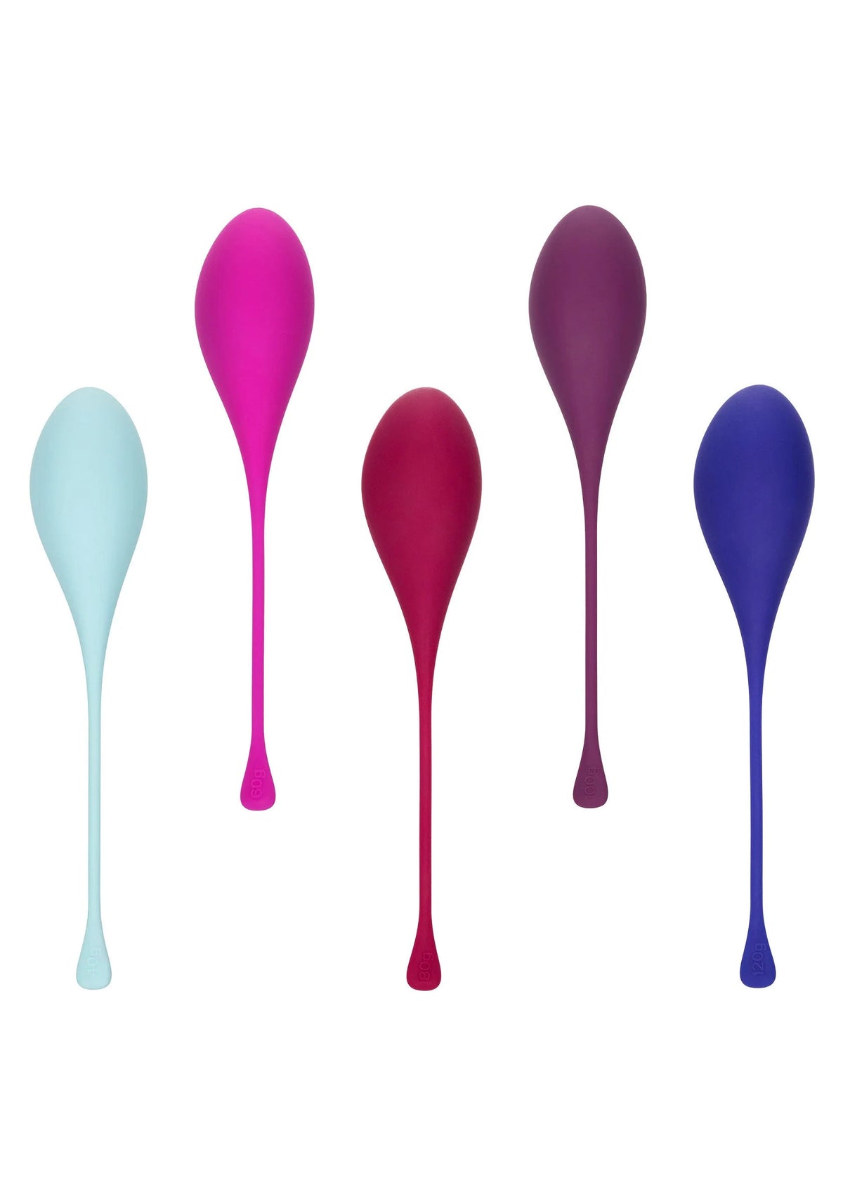 Set van vijf bekkenbodem kegeltrainers in lichtblauw, roze, bordeaux, paars en blauw