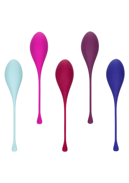 Set van vijf bekkenbodem kegeltrainers in lichtblauw, roze, bordeaux, paars en blauw