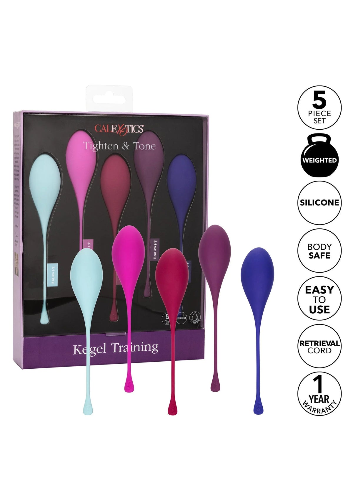 5-delige bekkenbodemtrainerset met siliconen kegels in roze, paars, blauw en bordeaux