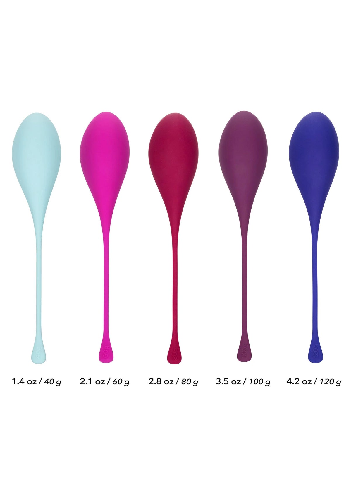 Set bekkenbodemtrainers van siliconen, vijf kegels in lichtblauw, roze, rood, paars en blauw