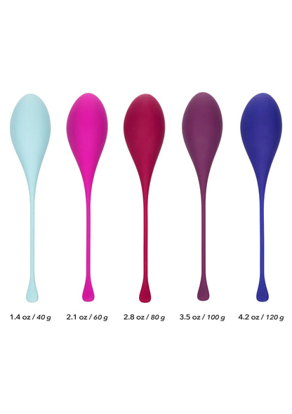 Set bekkenbodemtrainers van siliconen, vijf kegels in lichtblauw, roze, rood, paars en blauw