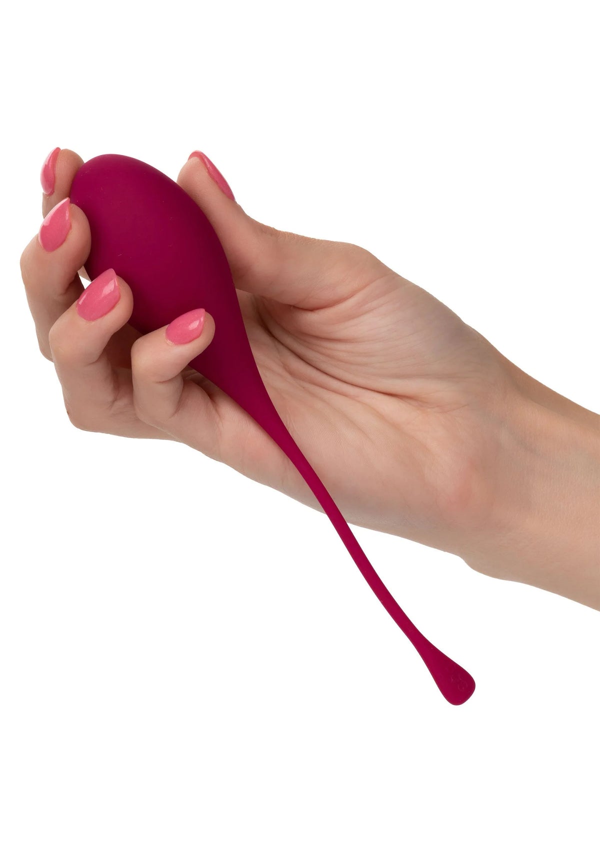 Hand met bordeauxroze bekkenbodemtrainer van siliconen met lange steel