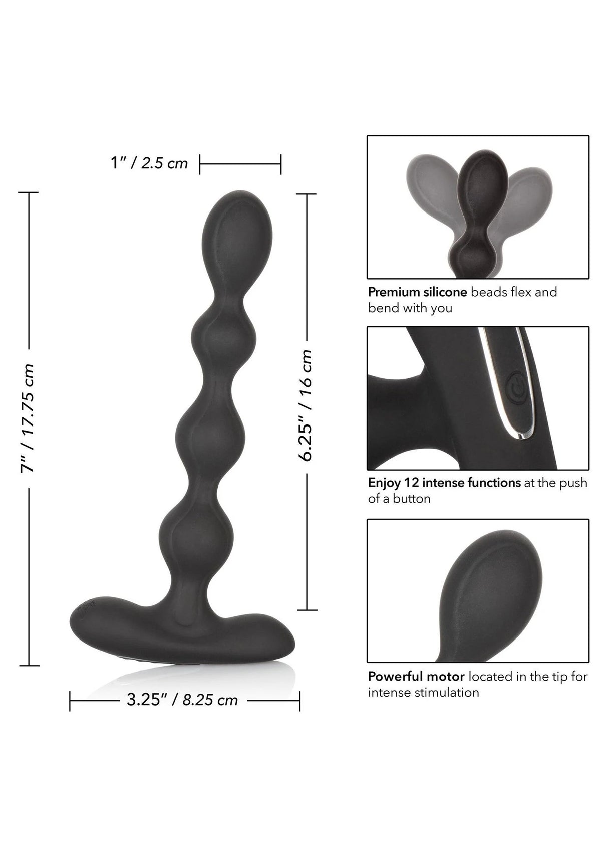 Zwarte siliconen anal beads met vibrerende tip en pushknop