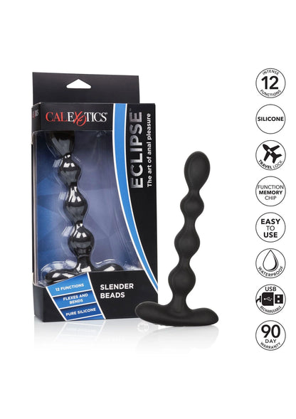 Zwarte siliconen anal beads in doos met CalExotics logo