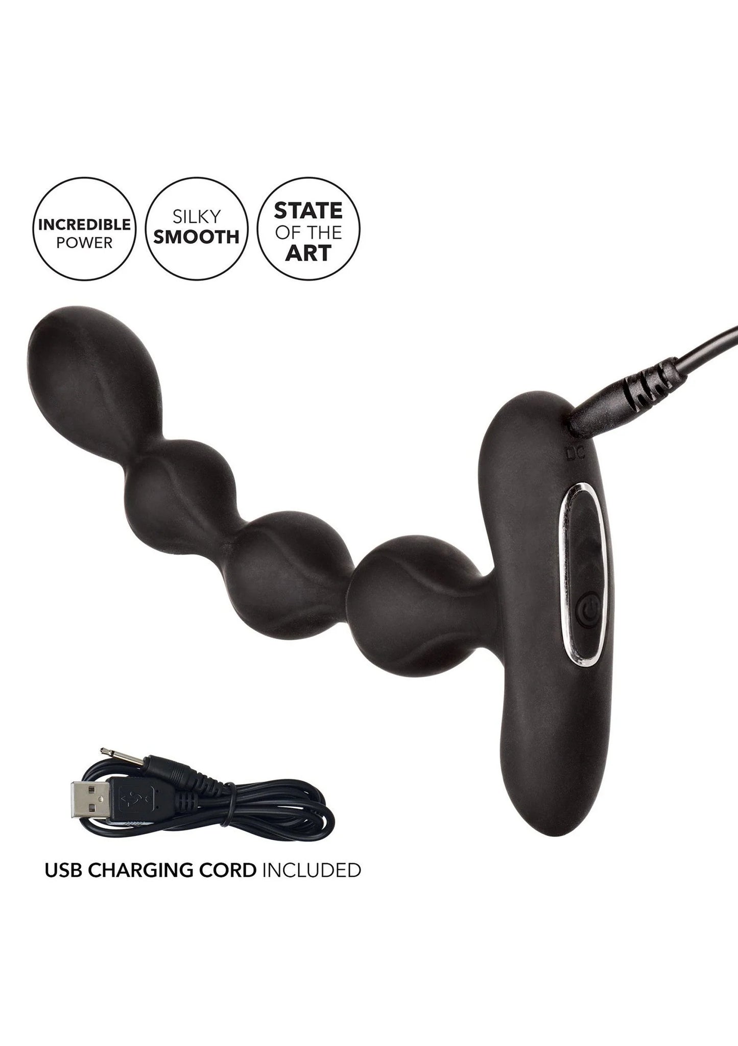 Zwarte siliconen anal beads met trilknop en meegeleverde USB-oplaadkabel