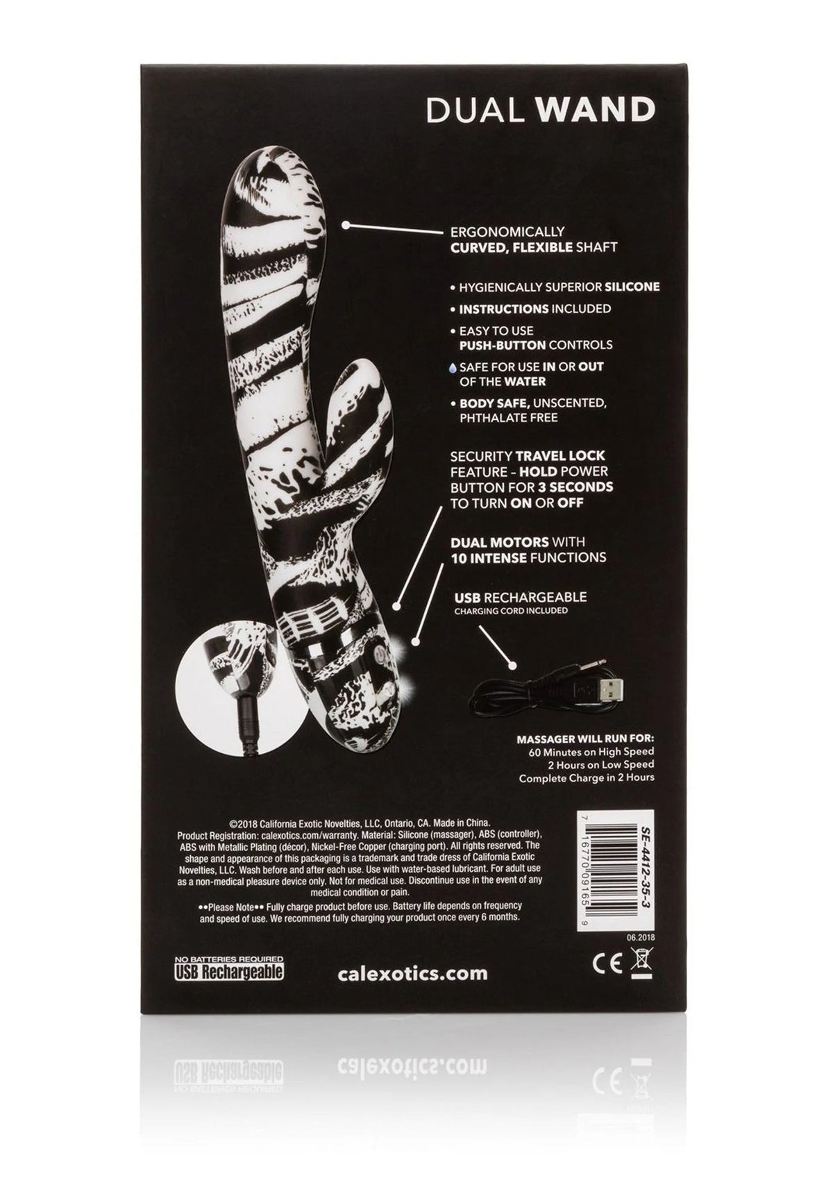 Dual wand verpakking achterzijde met zebraprint afbeelding en specificaties