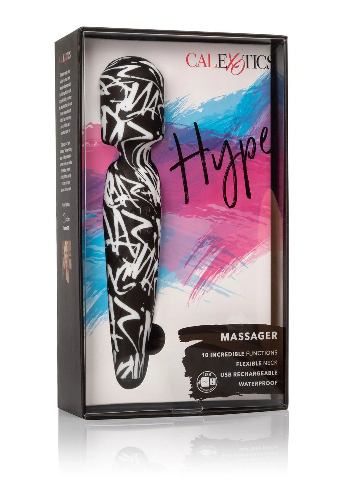 CalExotics Hype massager in doos met zwart-wit graffiti en “Hype” opdruk
