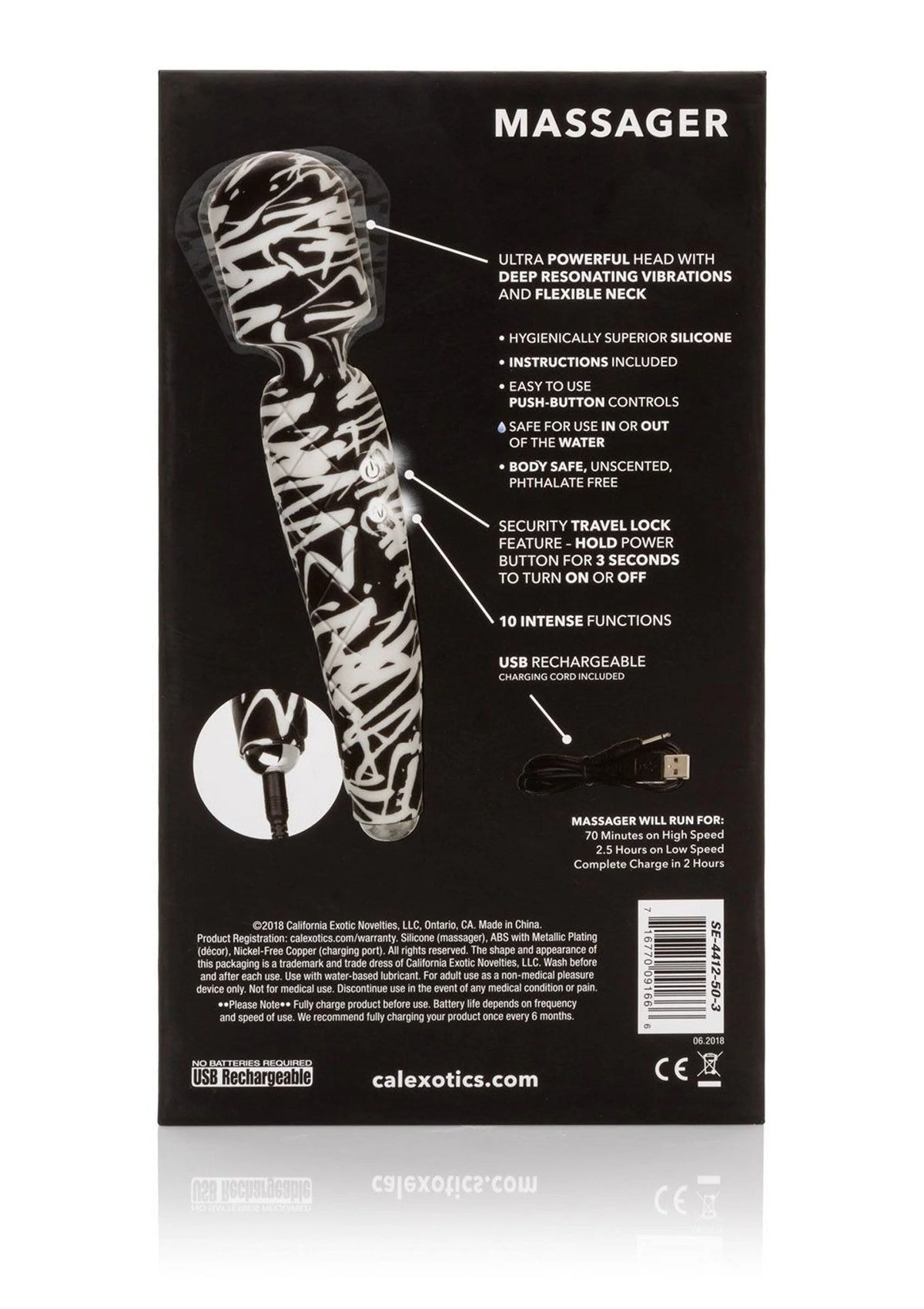CalExotics Hype massager verpakking achterkant met specificaties, USB-oplaadbaar