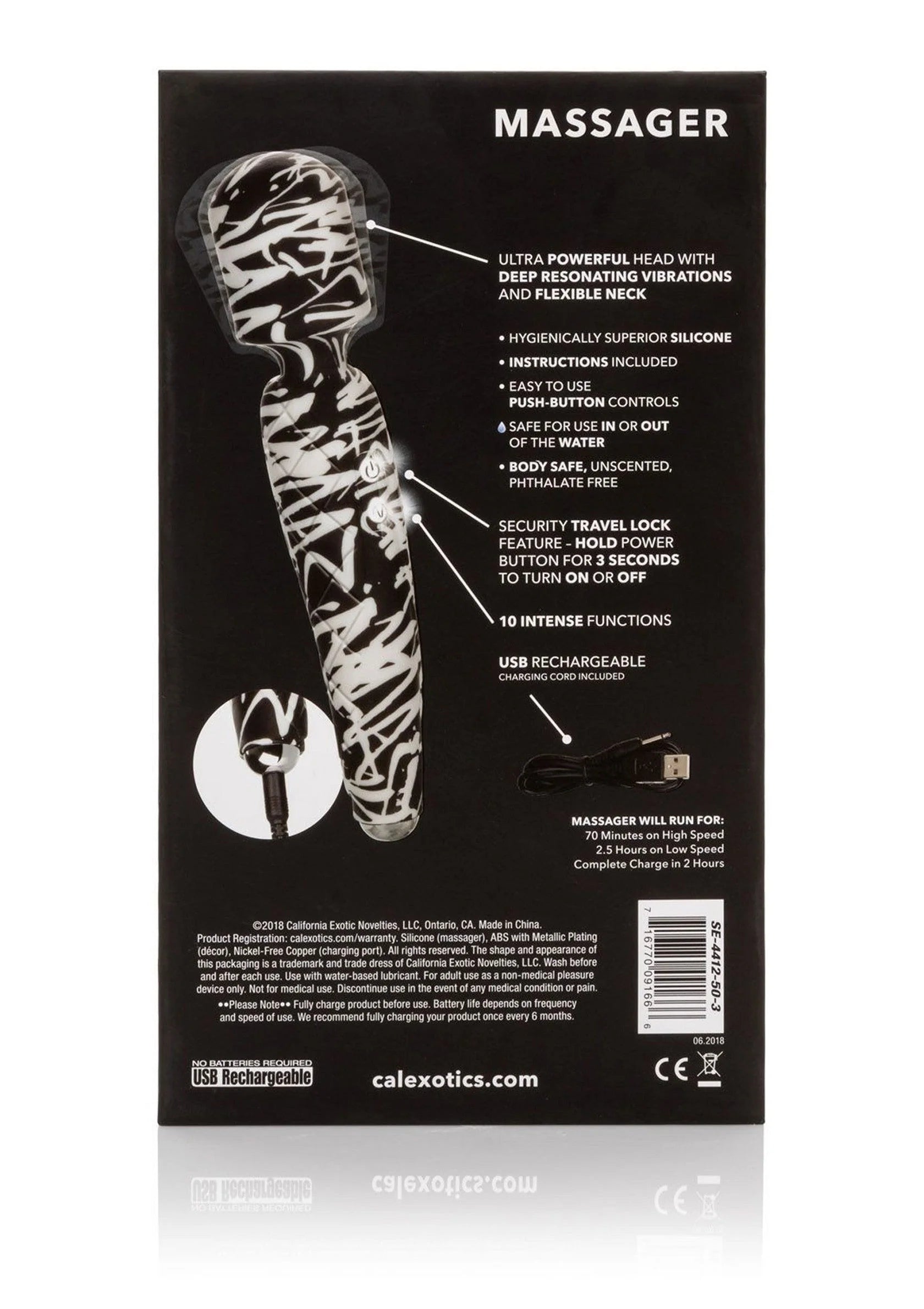 CalExotics Hype massager verpakking achterkant met specificaties, USB-oplaadbaar
