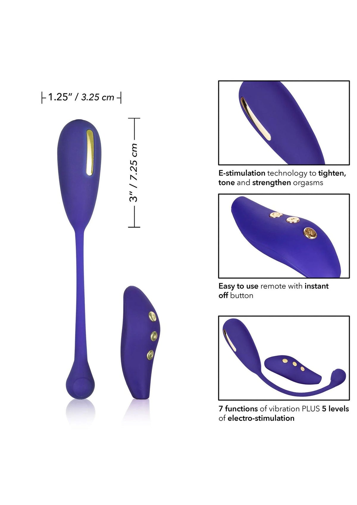 Paarse kegelstimulator en afstandsbediening, met afmetingen en knopdetails
