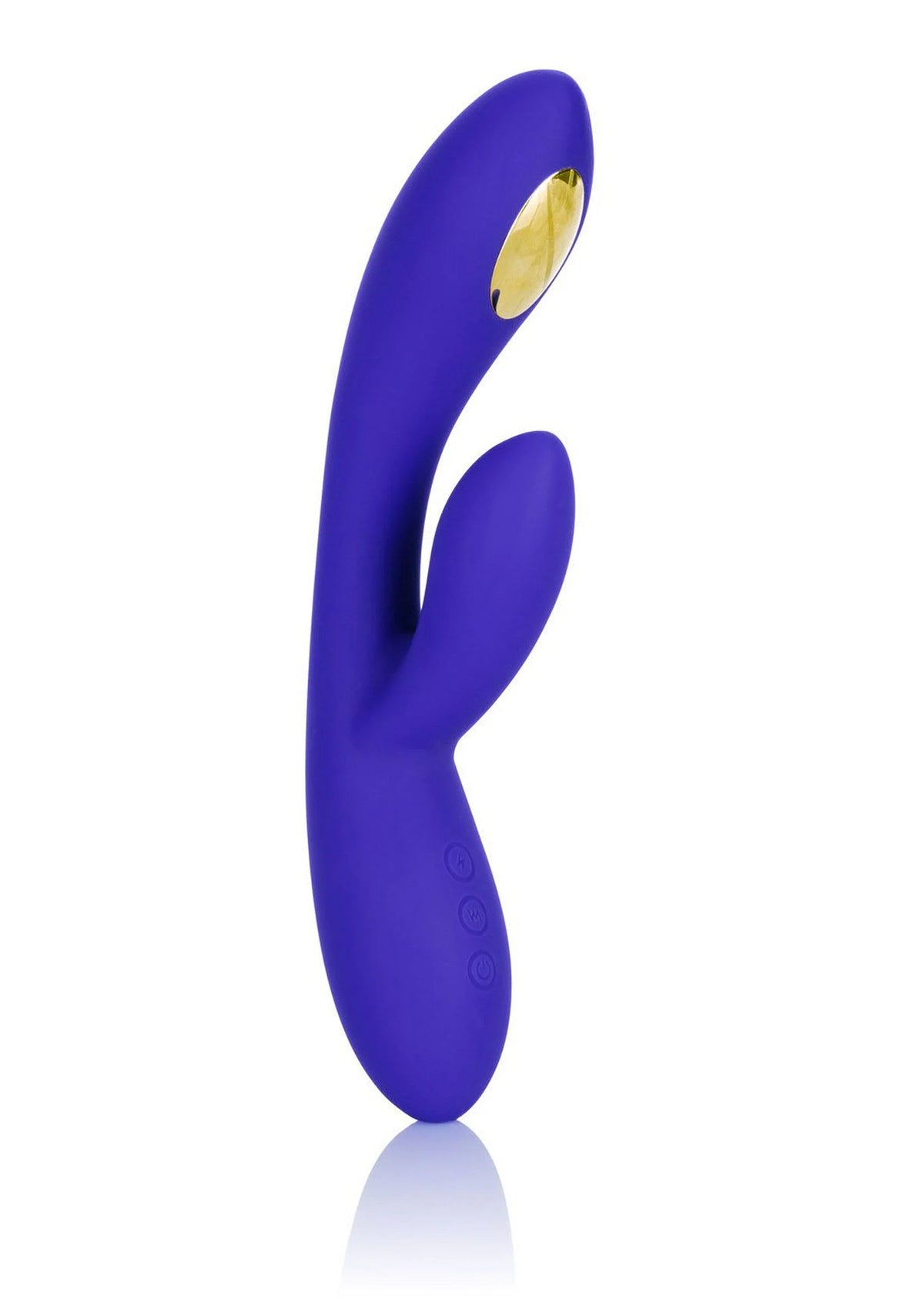 Paarse duo-wand e-stimulator met twee vibratiekoppen en centrale bedieningsknop