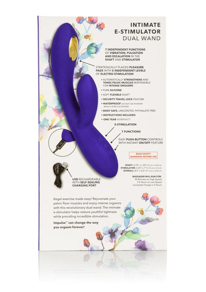 Paarse E-stimulator dual wand op verpakking, met USB-laadpoort en knoppen