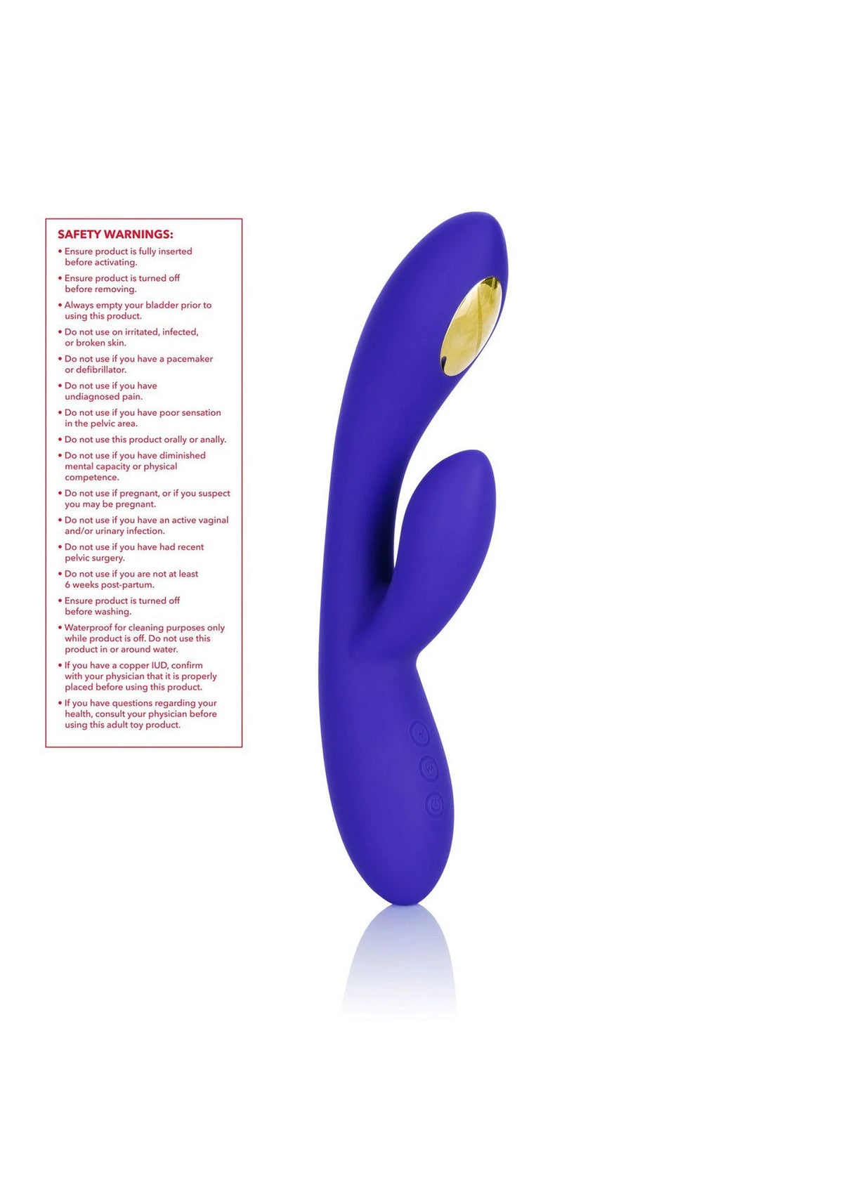 Paarse duo-wand e-stimulator met twee vibratiekoppen en veiligheidswaarschuwing links