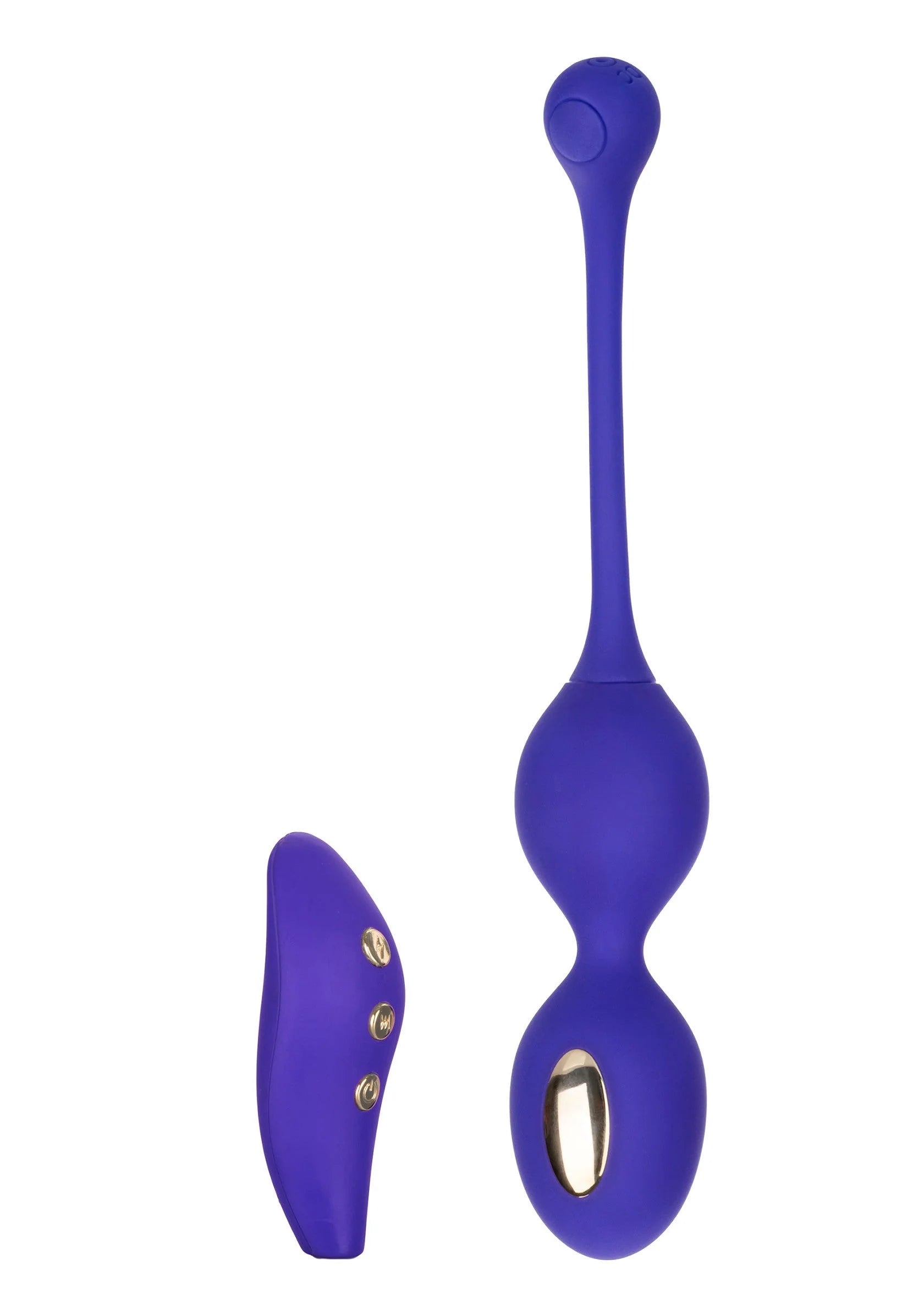 Paarse dual kegel-stimulator met ovale afstandsbediening en gouden knopjes