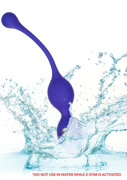 Paarse kegel-stimulator met waterspatten en waarschuwing om niet in water te gebruiken